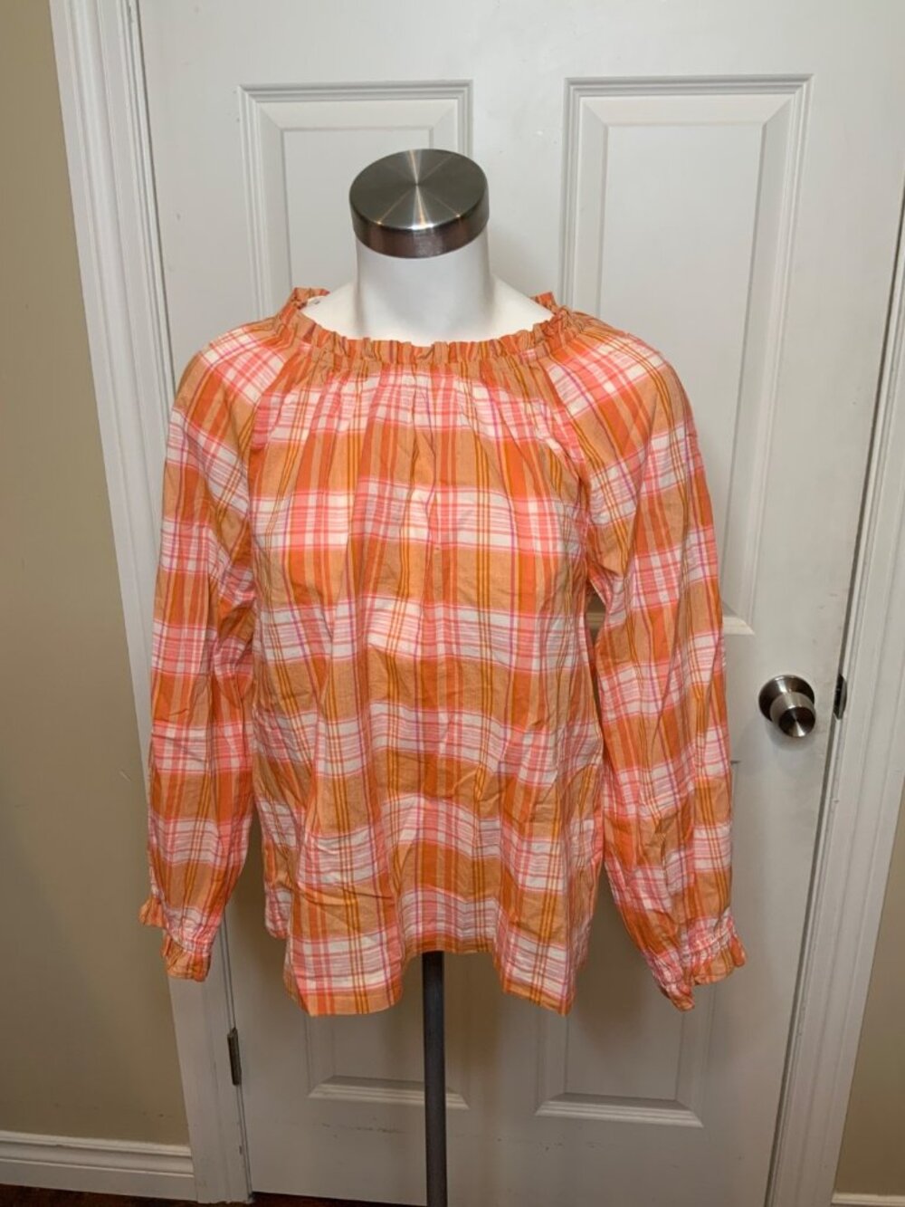 J. Crew Orange Pink Plaid Ruffle Boho Top, Size M